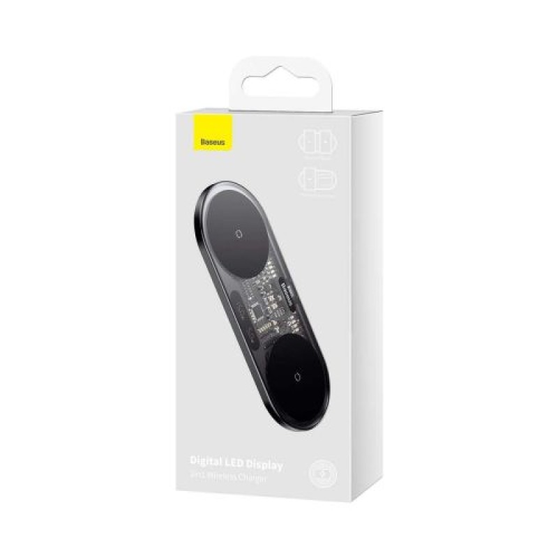 Baseus Wireless Charger Digital LED Display, Διπλή πλατφόρμα φόρτισης, με καλώδιο Type-C, 20W, Μαύρο (WXSX010101)