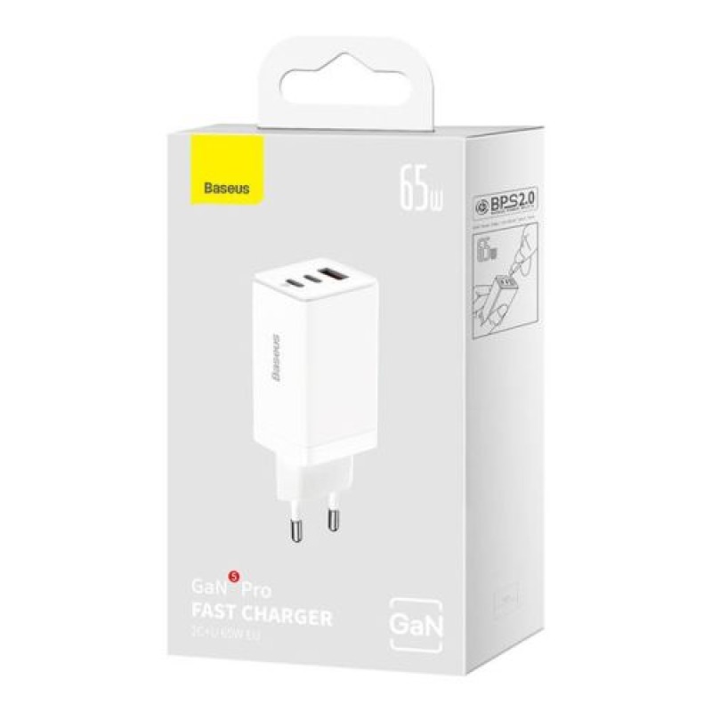 Baseus Travel Charger GaN5 Pro Γρήγορος φορτιστής τοίχου, C+C+U, QC, AFC, PD 65W με Type-C έως Type-C (100W) 1m, White EU (CCGP120202)