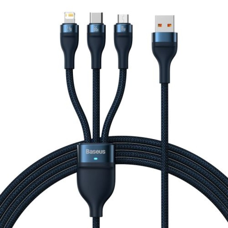 Baseus Universal Cable Flash Series II 3-σε-1 Καλώδιο δεδομένων γρήγορης φόρτισης (USB-A σε Micro + Lightning + Type-C) 66W, 480mbps, 1,2m, Μπλε (CASS040003)