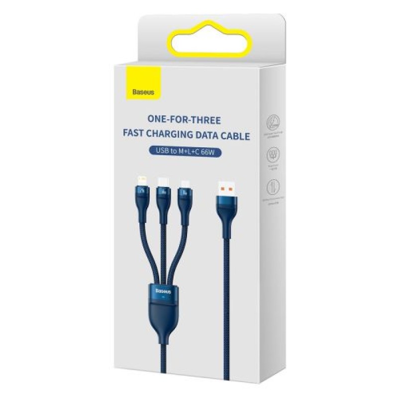 Baseus Universal Cable Flash Series II 3-σε-1 Καλώδιο δεδομένων γρήγορης φόρτισης (USB-A σε Micro + Lightning + Type-C) 66W, 480mbps, 1,2m, Μπλε (CASS040003)
