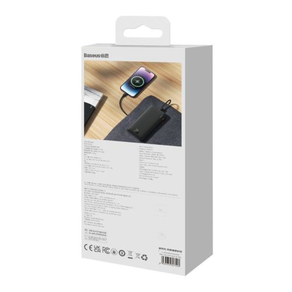 Baseus Power Bank Airpow, C+U, 20W, 10000 mAh, με Baseus Simple Series Type-C, καλώδιο 0,30m, Μαύρο EU (PPQD090001)