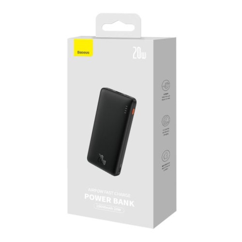 Baseus Power Bank Airpow, C+U, 20W, 10000 mAh, με Baseus Simple Series Type-C, καλώδιο 0,30m, Μαύρο EU (PPQD090001)
