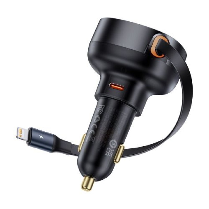 Baseus Car Charger Enjoyment Pro Fast Charger Type-C θηλυκό, Lightning αρσενικό (0,75m) Ενσωματωμένο ανασυρόμενο καλώδιο, 55W μαύρο EU (C00057803111-00)