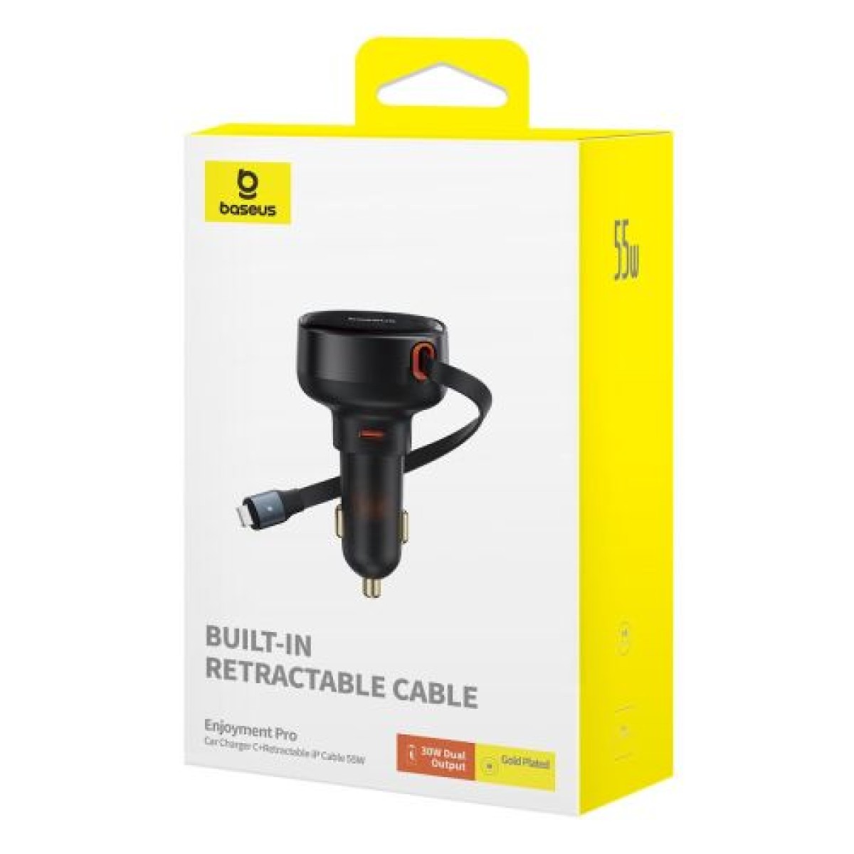 Baseus Car Charger Enjoyment Pro Fast Charger Type-C θηλυκό, Lightning αρσενικό (0,75m) Ενσωματωμένο ανασυρόμενο καλώδιο, 55W μαύρο EU (C00057803111-00)