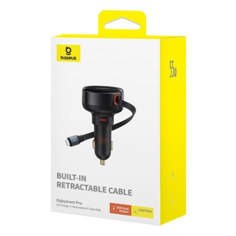 Baseus Car Charger Enjoyment Pro Fast Charger Type-C θηλυκό, Lightning αρσενικό (0,75m) Ενσωματωμένο ανασυρόμενο καλώδιο, 55W μαύρο EU (C00057803111-00)