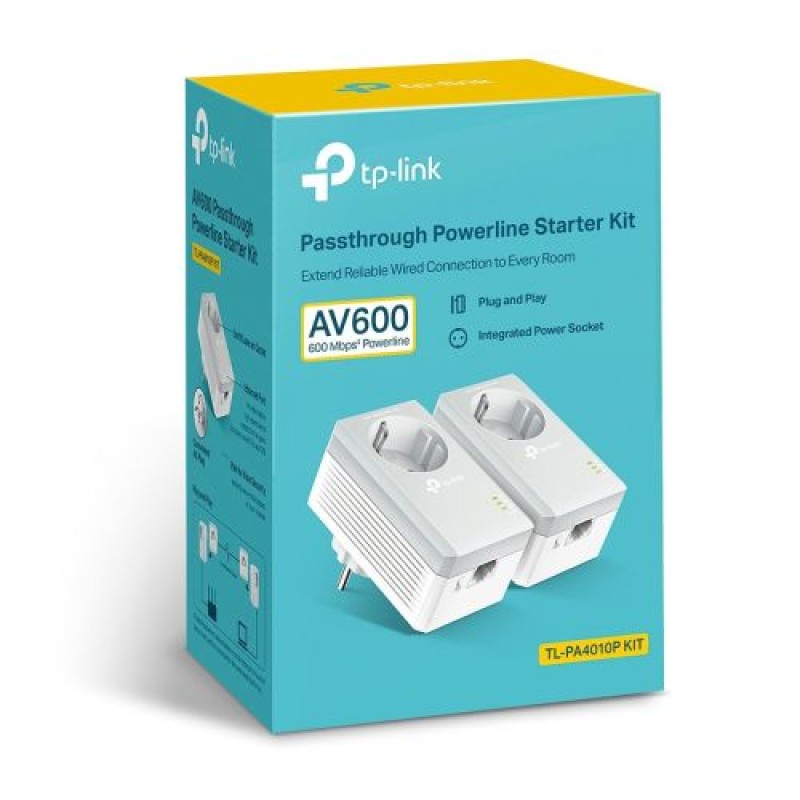 TP-Link Range Extender PA4010P AV600 Wireless Passthrough Powerline Starter Kit (2 pack Adapter), 600Mbps, LAN/WAN, White EU
