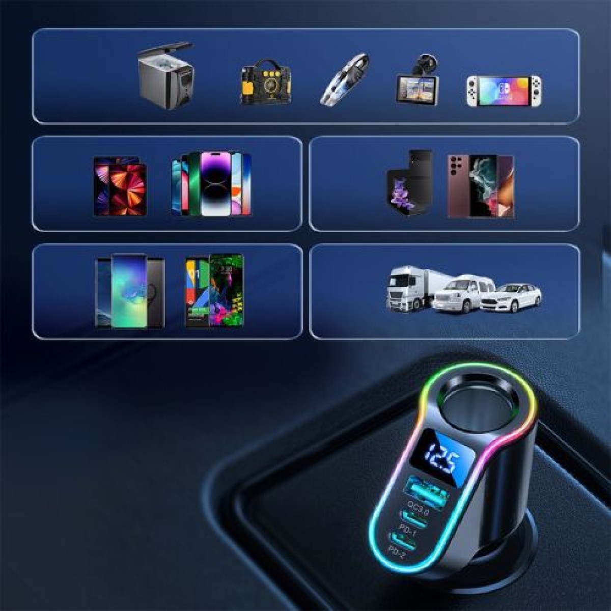 Φορτιστής αυτοκινήτου Joyroom 4 σε 1, Πομπός Bluetooth Fm C+C+U+Cigarette, PD 150W, Μαύρο (JR-CL21)
