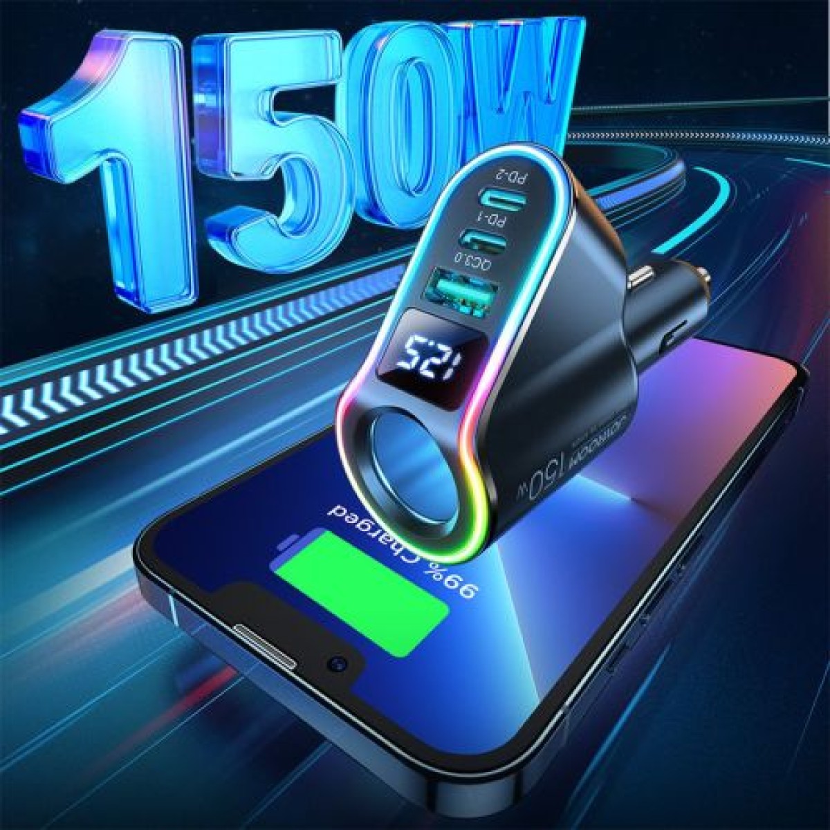 Φορτιστής αυτοκινήτου Joyroom 4 σε 1, Πομπός Bluetooth Fm C+C+U+Cigarette, PD 150W, Μαύρο (JR-CL21)