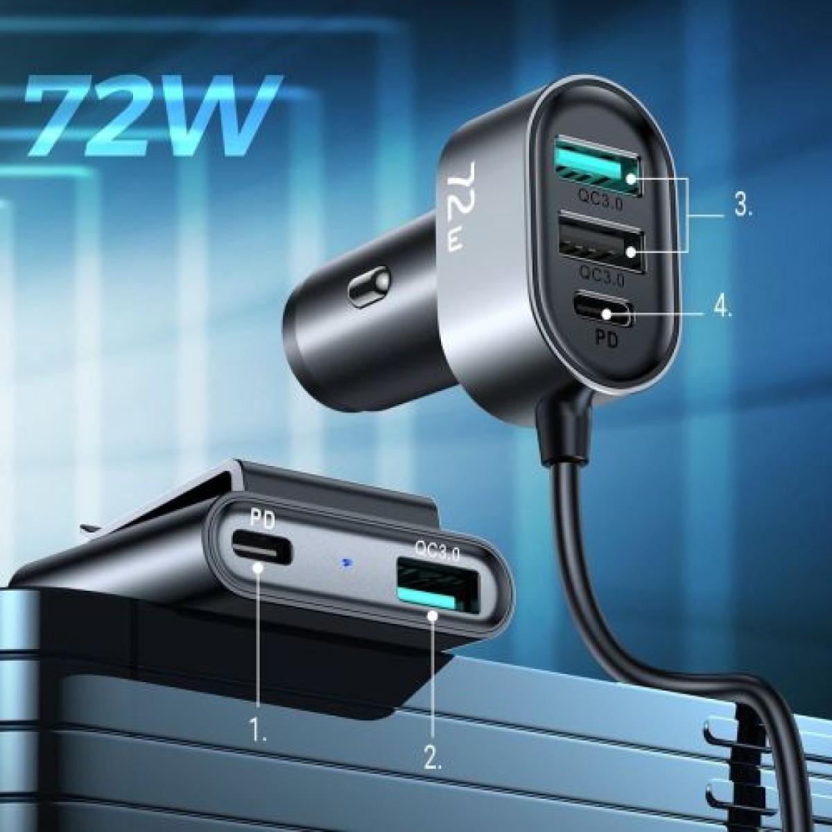 Φορτιστής αυτοκινήτου Joyroom 5-σε-1, C+C+U+U+U, QC 3.0, PD 3.0, FCP, AFC, 12V/24V, 72W, Μαύρο (JR-CL05)