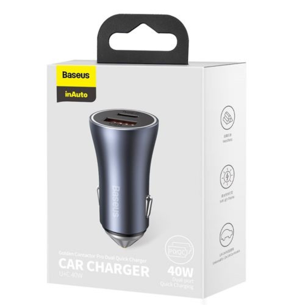 Baseus Car Charger Golden Contactor Pro Dual Quick Charger U+C Power Delivery 3.0 Quick Charge 4, SCP FCP AFC 40W Dark Grey (CCJD-0G)
