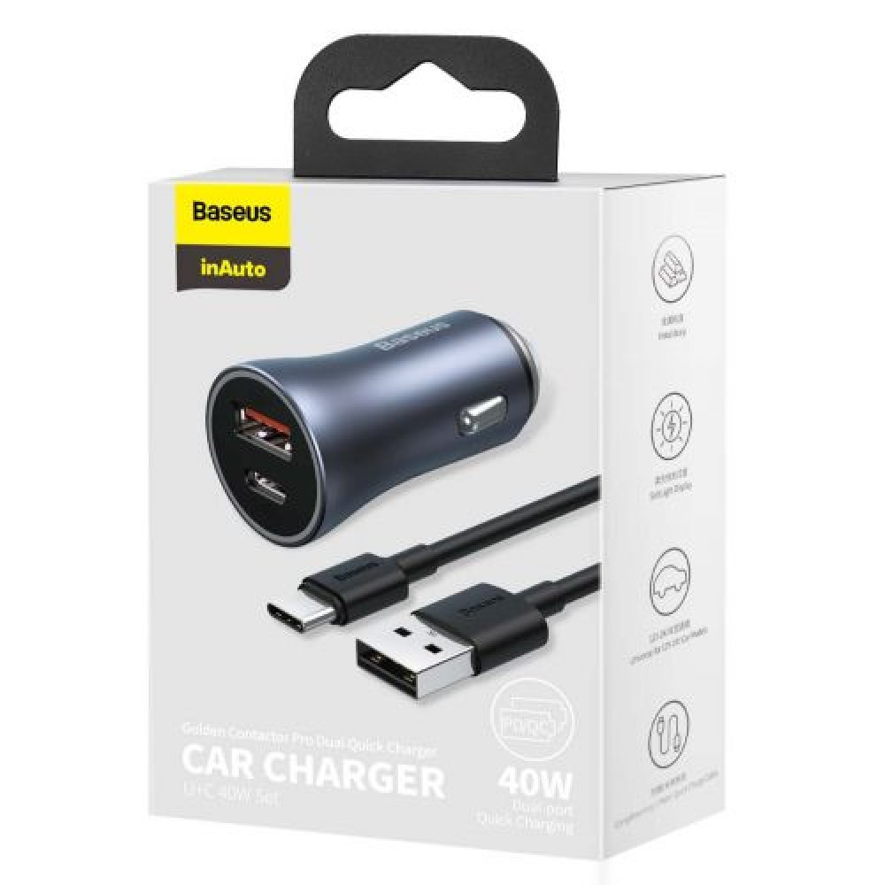 Baseus Car Charger Golden Contactor Pro Dual Quick Charger U+C, PD 3.0, QC 4+, SCP FCP AFC (με καλώδιο USB - Type C 1m) Γκρι (TZCCJD-0G)