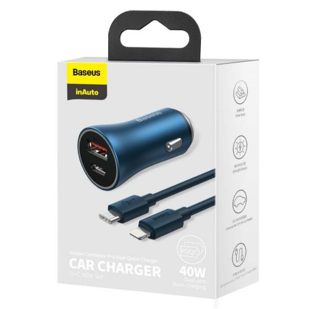Baseus Car Charger Golden Contactor Pro Dual Quick Charger U+C, PD 3.0, QC 4+, SCP FCP AFC (με Type-C - Lightning 1m Blue) 40W μπλε (TZCCJD-03)