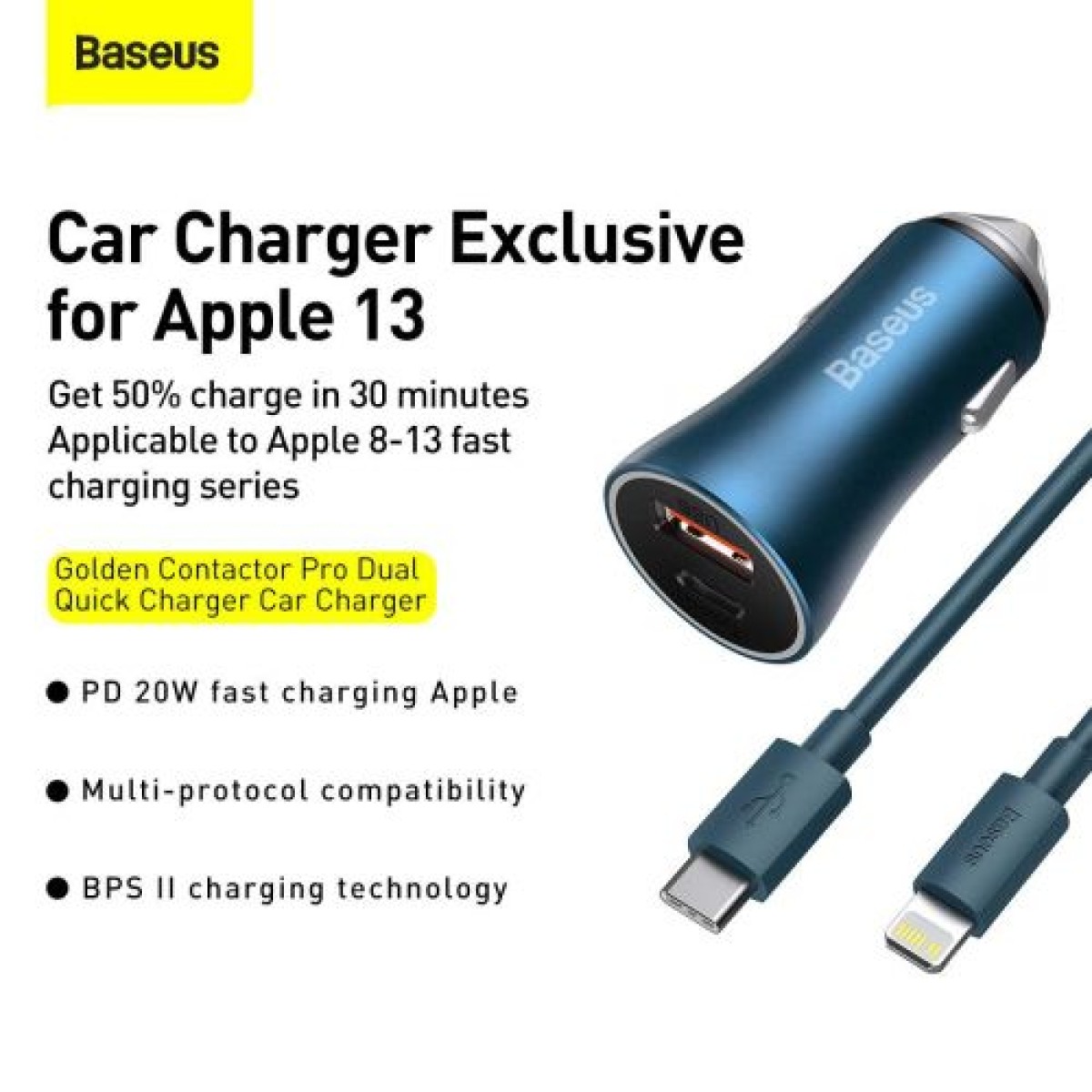 Baseus Car Charger Golden Contactor Pro Dual Quick Charger U+C, PD 3.0, QC 4+, SCP FCP AFC (με Type-C - Lightning 1m Blue) 40W μπλε (TZCCJD-03)