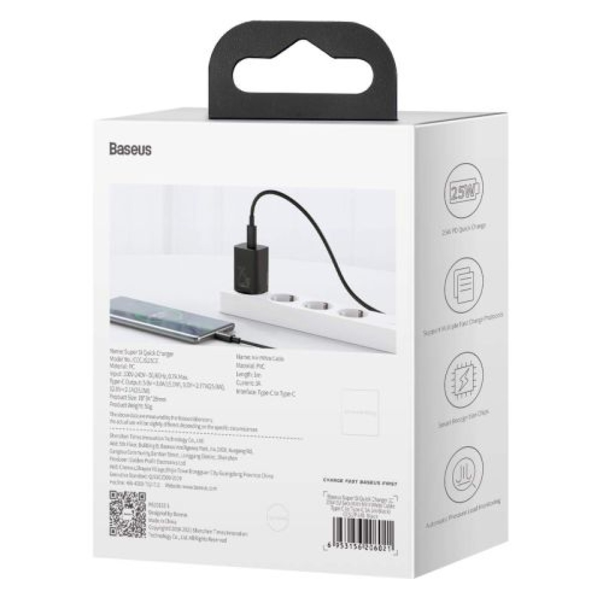Σετ φορτιστή ταξιδίου Baseus Super Si 1C QC (με Mini μαύρο καλώδιο Type-C έως Type-C 3A 1m) 25W EU Black (TZCCSUP-L01)