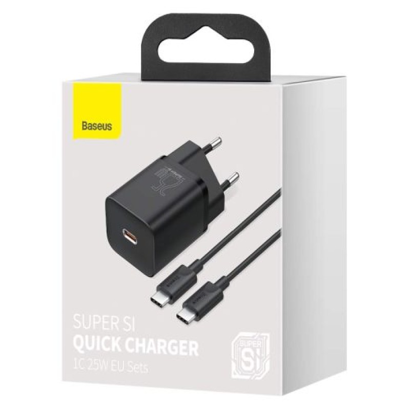 Σετ φορτιστή ταξιδίου Baseus Super Si 1C QC (με Mini μαύρο καλώδιο Type-C έως Type-C 3A 1m) 25W EU Black (TZCCSUP-L01)