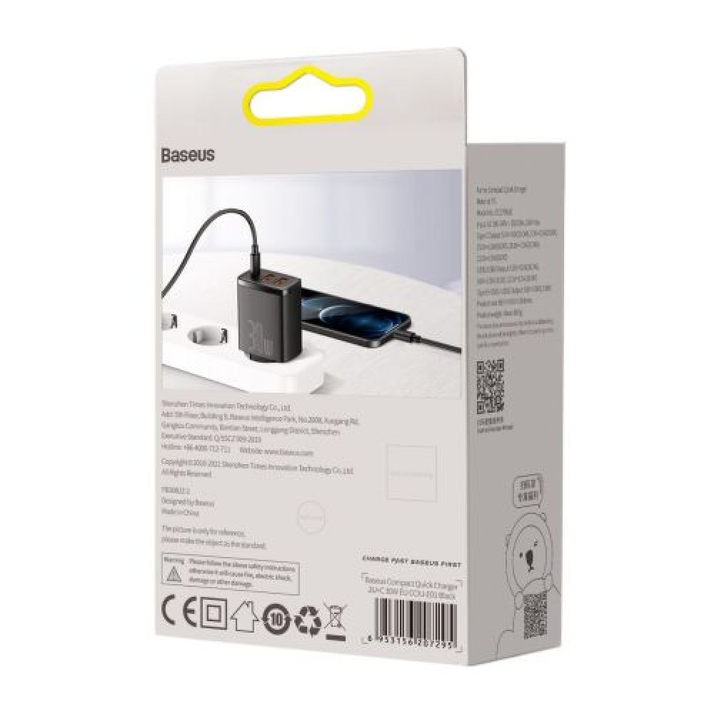 Baseus Travel Charger Compact Quick Charger U+U+C PD3.0, QC 3.0 30W EU Black (CCXJ-E01)