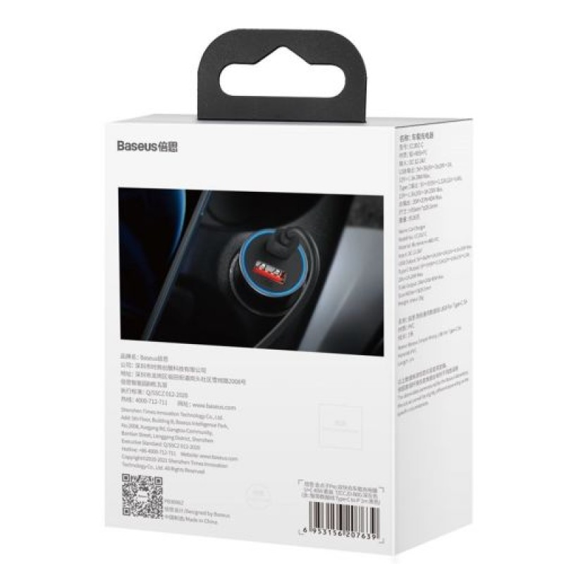 Baseus Car Charger Golden Contactor Pro Dual Quick Charger U+C, PD 3.0, QC 4+, SCP FCP AFC (With Type-C - Lightning 1m Black) 40W Σκούρο Γκρι (TZCCJD-B0G)