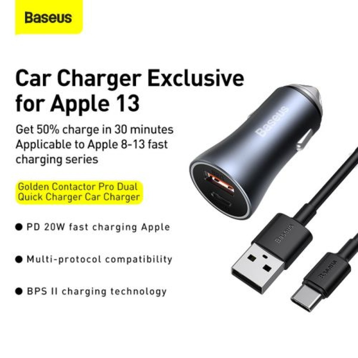 Baseus Car Charger Golden Contactor Pro Dual Quick Charger U+C, PD 3.0, QC 4+, SCP FCP AFC (With Type-C - Lightning 1m Black) 40W Σκούρο Γκρι (TZCCJD-B0G)