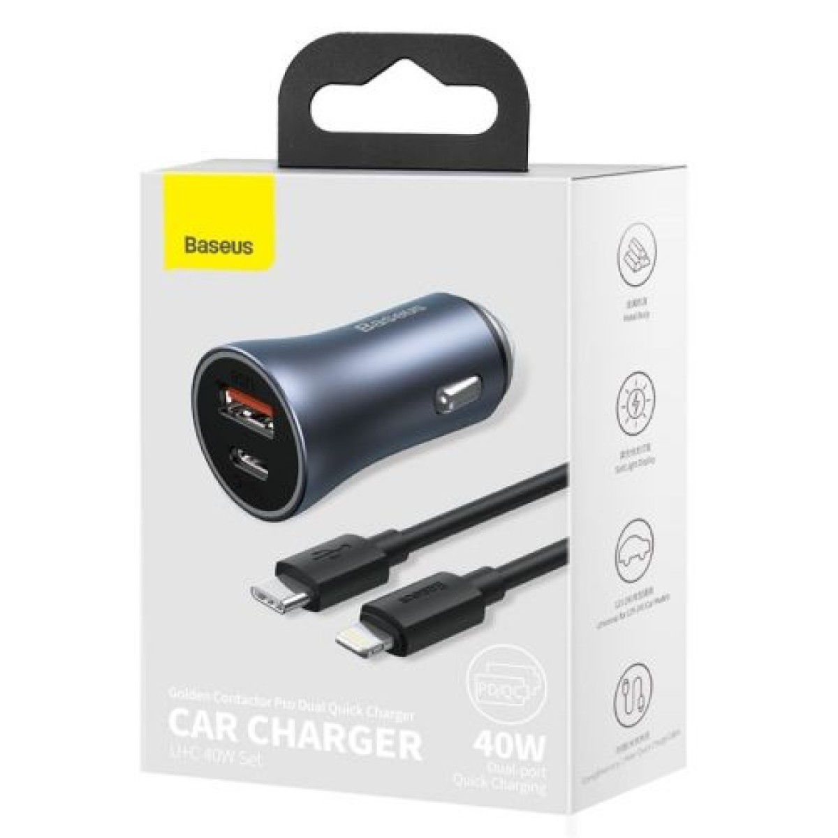 Baseus Car Charger Golden Contactor Pro Dual Quick Charger U+C, PD 3.0, QC 4+, SCP FCP AFC (With Type-C - Lightning 1m Black) 40W Σκούρο Γκρι (TZCCJD-B0G)