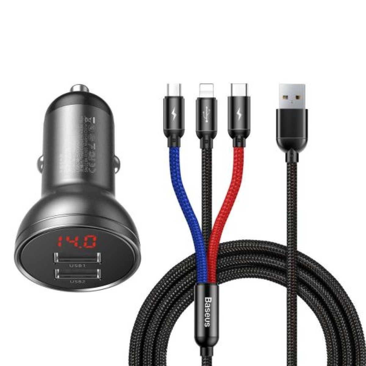 Baseus Charger Car Digital Display 2xUSB with 3-in-1 Cable 1,2m, 24W 4,8A, Black/Gray (TZCCBX-0G)