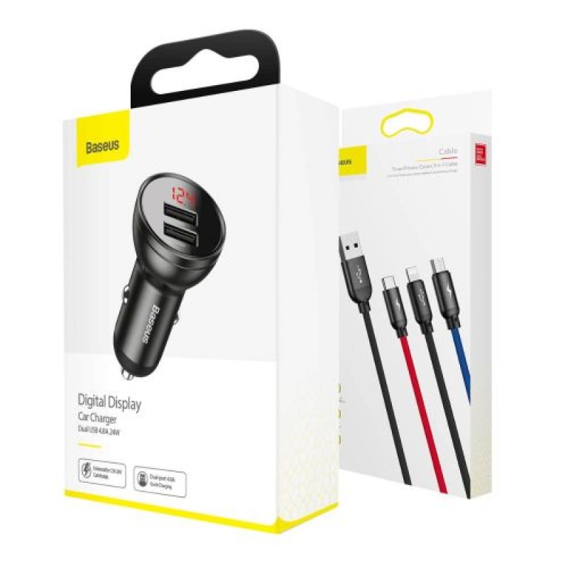 Baseus Charger Car Digital Display 2xUSB with 3-in-1 Cable 1,2m, 24W 4,8A, Black/Gray (TZCCBX-0G)