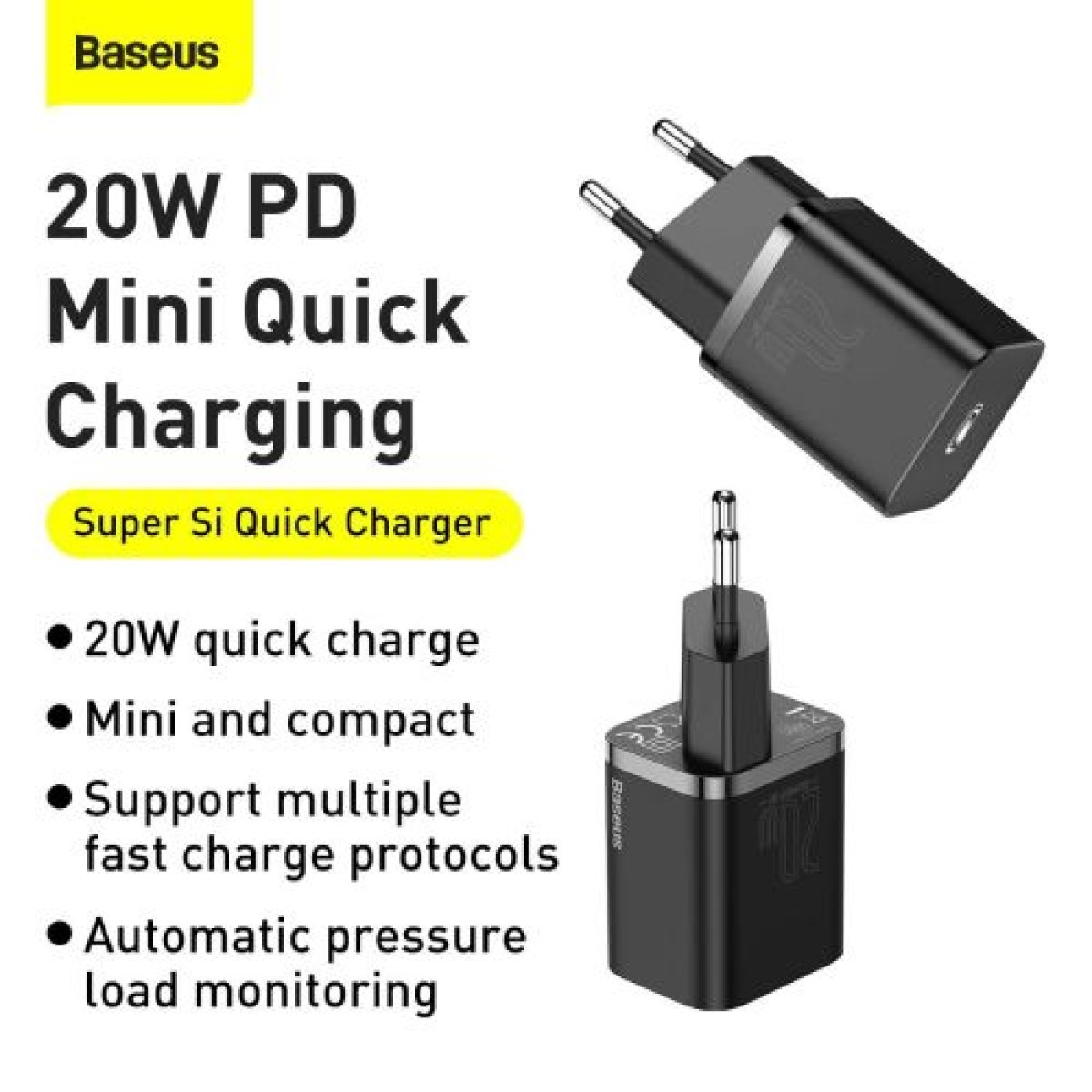 Σετ φορτιστή ταξιδιού Baseus Super Si 1C PD Γρήγορος φορτιστής 20W EU Black (CCSUP-B01)