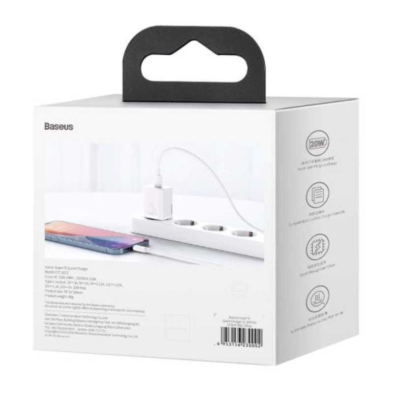 Σετ φορτιστή ταξιδίου Baseus Super Si 1C PD Γρήγορος φορτιστής 20W EU White (CCSUP-B02)