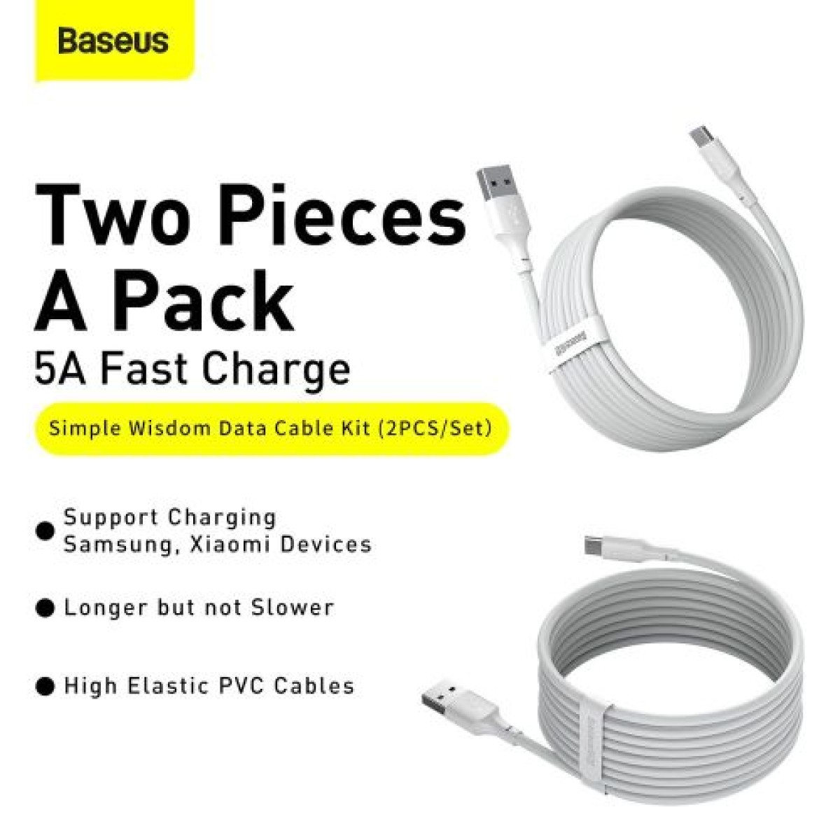 Καλώδιο Baseus Type-C Simple Wisdom (2 τμχ/σετ), 5A, 1,5 m, λευκό (TZCATZJ-02)
