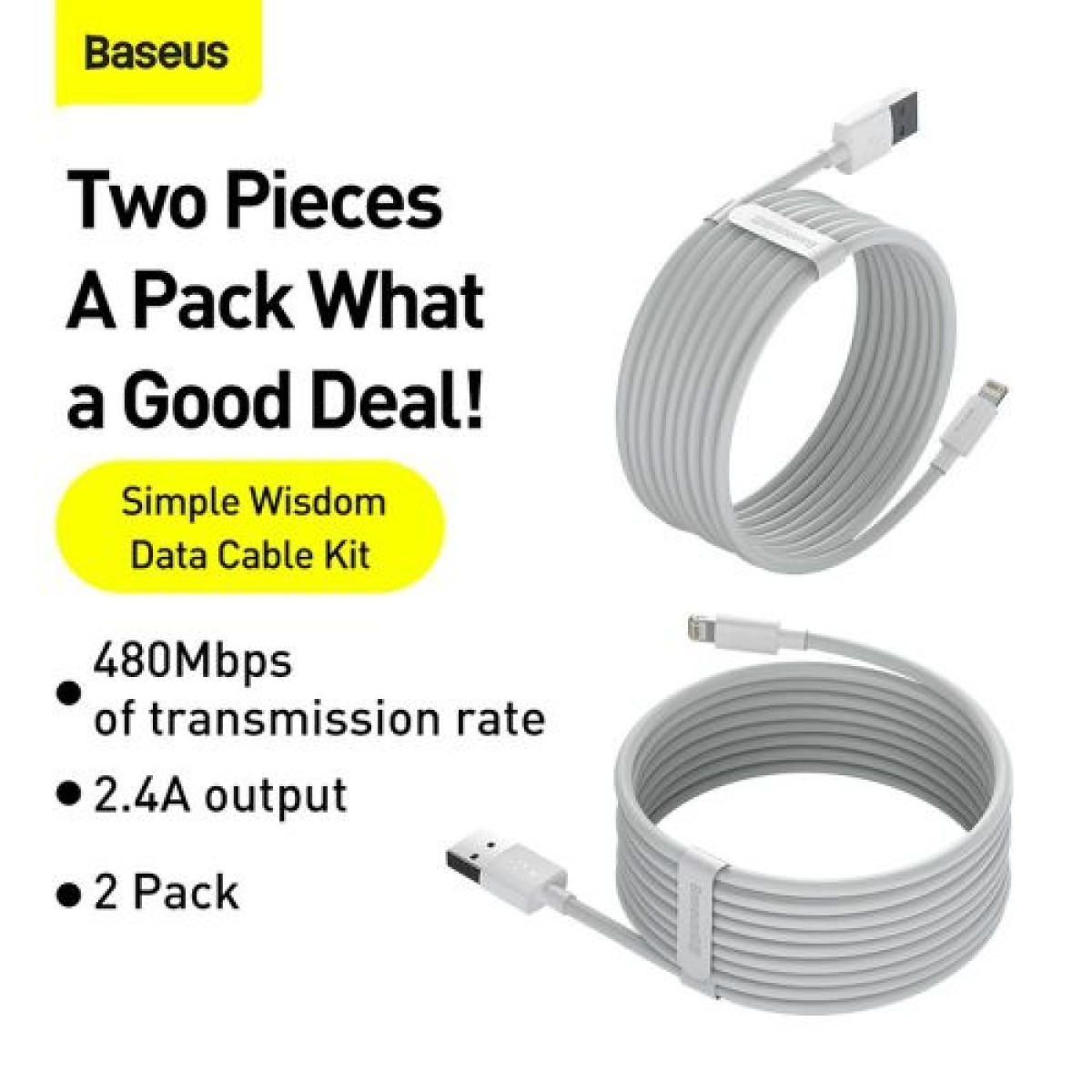Καλώδιο Baseus Lightning Simple Wisdom (2 τμχ/σετ) 2,4A 1,5 m Λευκό (TZCALZJ-02)