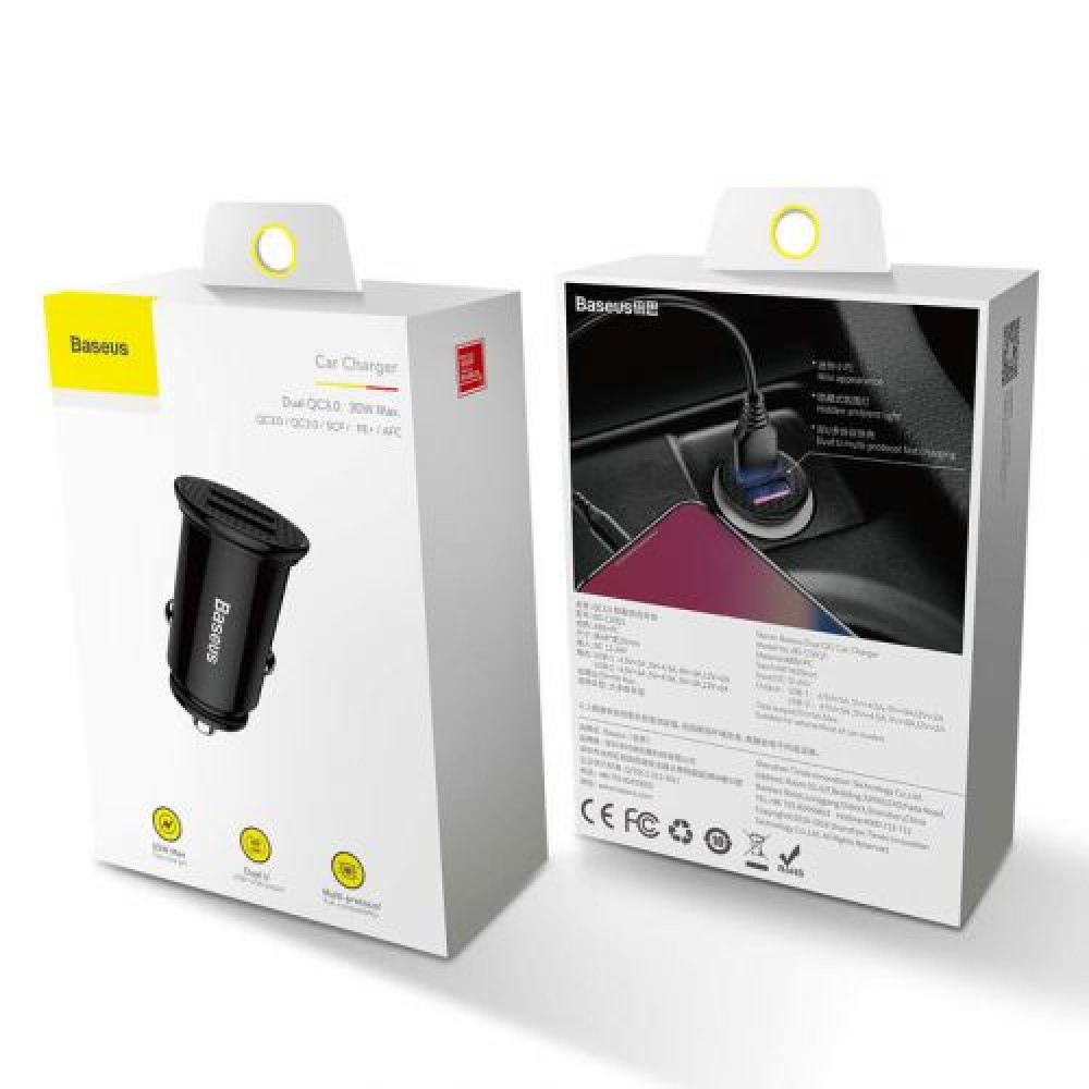 Baseus Car Charger Circular Plastic A+A Dual Quick Charge 3.0 30W Μαύρο (CCALL-YD01)