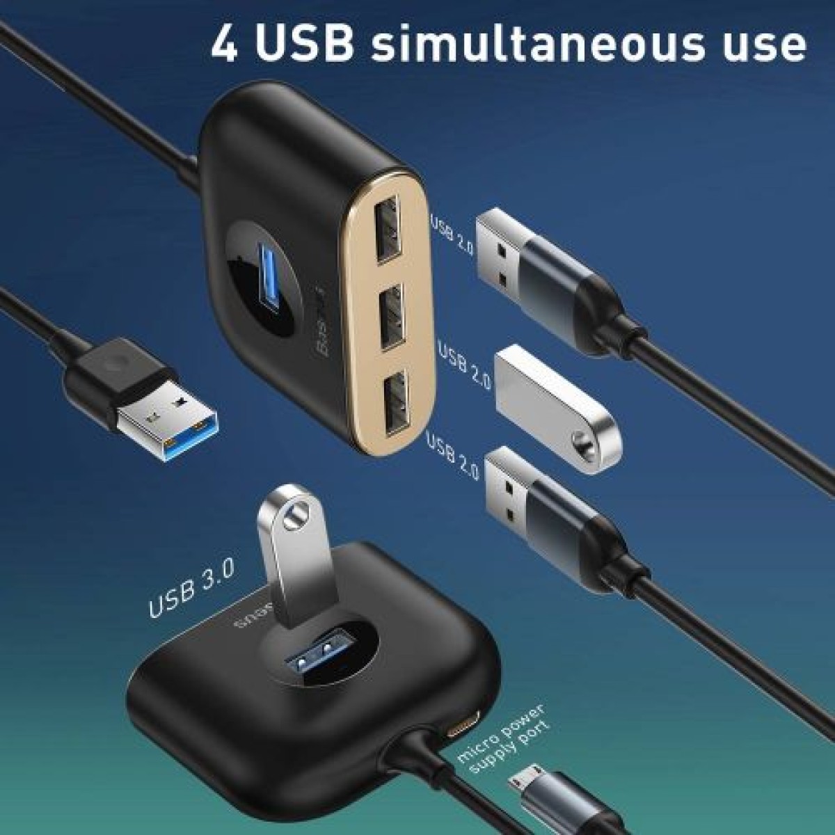 Baseus HUB Τετράγωνο στρογγυλό 4in1 Προσαρμογέας USB USB3.0*1 + USB2.0*3 1m Μαύρο (CAHUB-AY01)