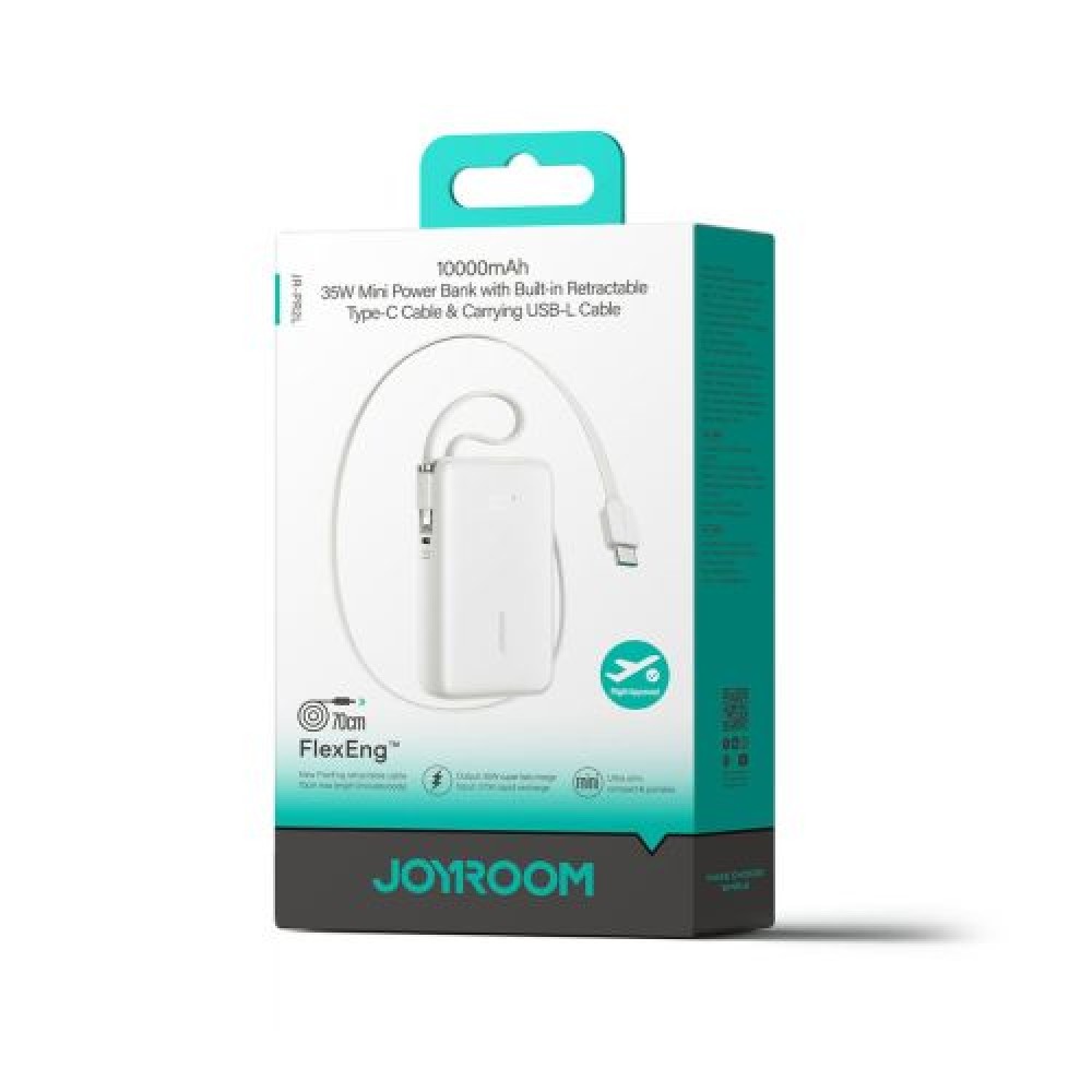 Joyroom Power Bank με ψηφιακή οθόνη, C+U+U, PD 35W, 10000 mAh με ενσωματωμένο ανασυρόμενο καλώδιο Typle-C και Lightning Lanyard (0,7 m) Λευκό (JR-PR2L)