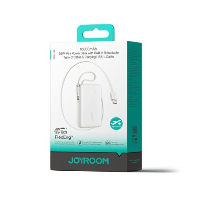 Joyroom Power Bank με ψηφιακή οθόνη, C+U+U, PD 35W, 10000 mAh με ενσωματωμένο ανασυρόμενο καλώδιο Typle-C και Lightning Lanyard (0,7 m) Λευκό (JR-PR2L)