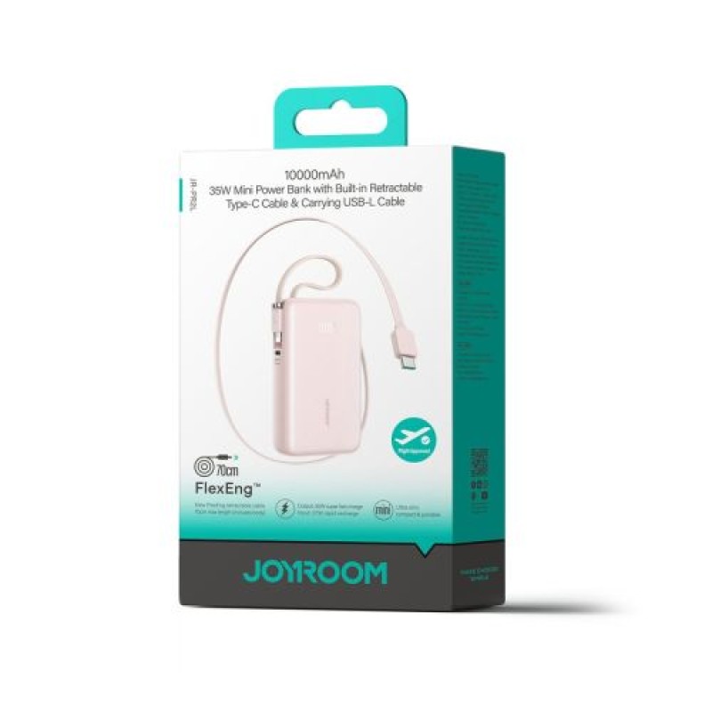 Joyroom Power Bank με ψηφιακή οθόνη, C+U+U, PD 35W, 10000 mAh με ενσωματωμένο ανασυρόμενο καλώδιο Typle-C και Lightning Lanyard (0,7 m) Ροζ (JR-PR2L)