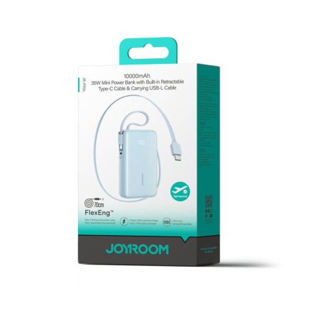 Joyroom Power Bank με ψηφιακή οθόνη, C+U+U, PD 35W, 10000 mAh με ενσωματωμένο ανασυρόμενο καλώδιο Typle-C και Lightning Lanyard (0,7 m) Μπλε (JR-PR2L)