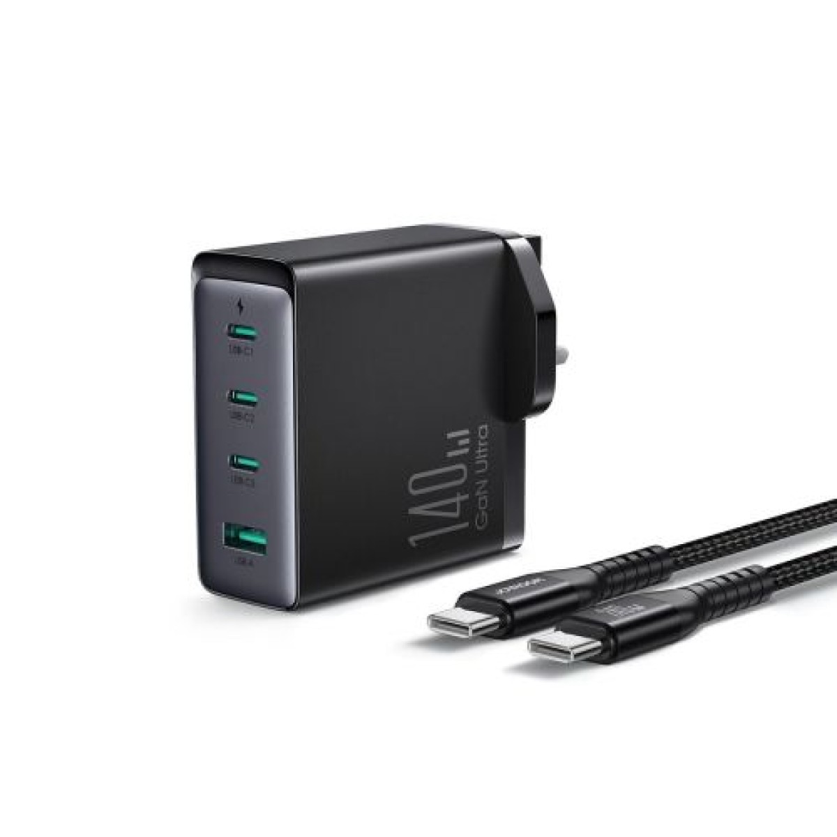 Joyroom Travel Charger GaN Fast Charger (Ηνωμένο Βασίλειο) C+C+C+U, 140W, με καλώδιο Type-C σε Type-C, PD 240W (1,2m) Μαύρο EU (JR-TCG05UK)