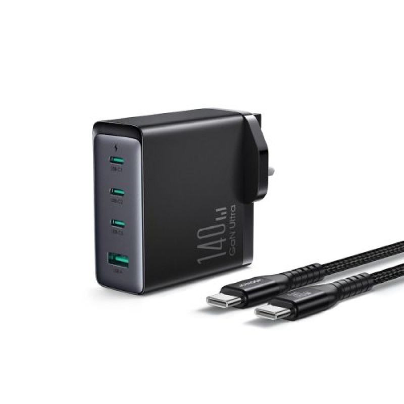 Joyroom Travel Charger GaN Fast Charger (Ηνωμένο Βασίλειο) C+C+C+U, 140W, με καλώδιο Type-C σε Type-C, PD 240W (1,2m) Μαύρο EU (JR-TCG05UK)