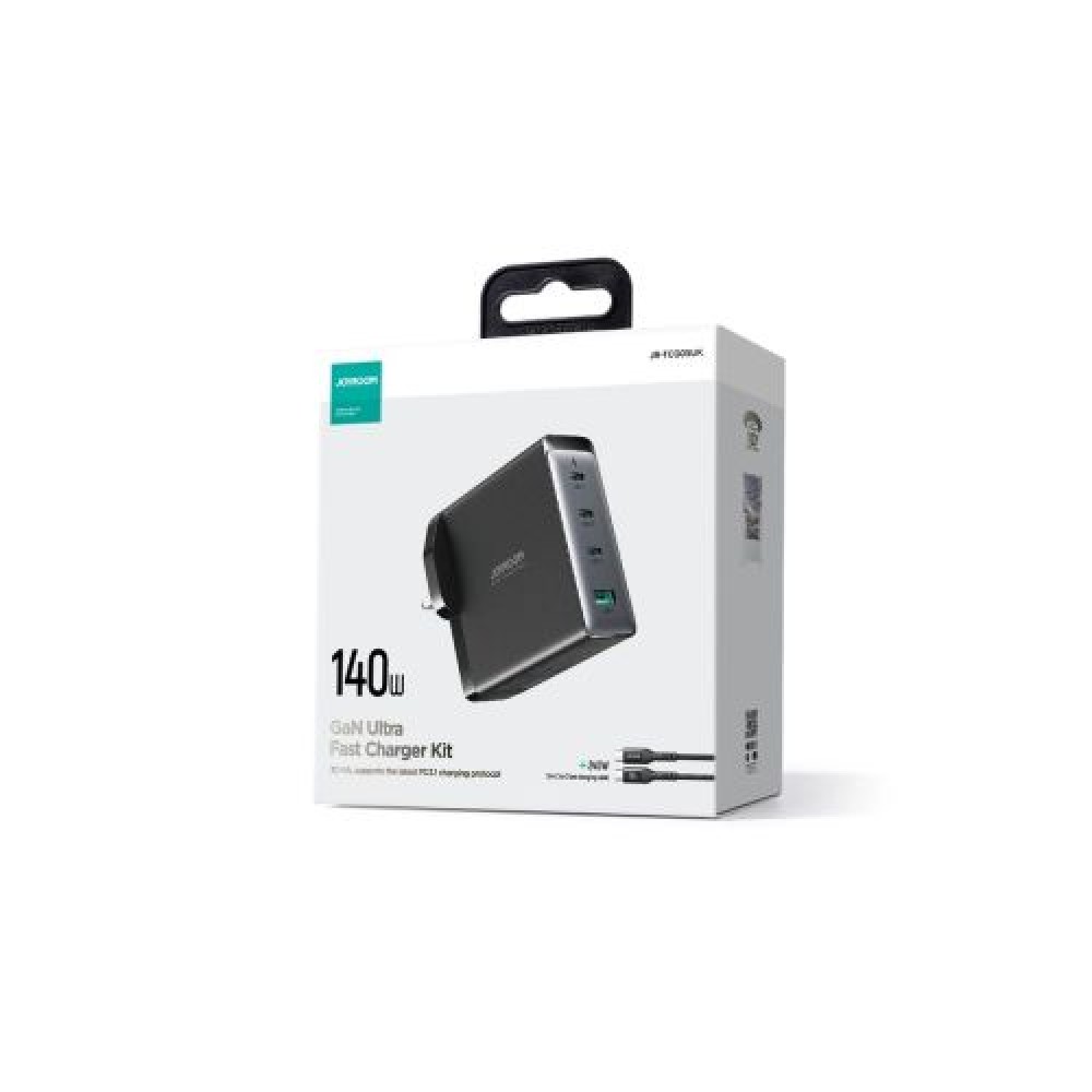 Joyroom Travel Charger GaN Fast Charger (Ηνωμένο Βασίλειο) C+C+C+U, 140W, με καλώδιο Type-C σε Type-C, PD 240W (1,2m) Μαύρο EU (JR-TCG05UK)