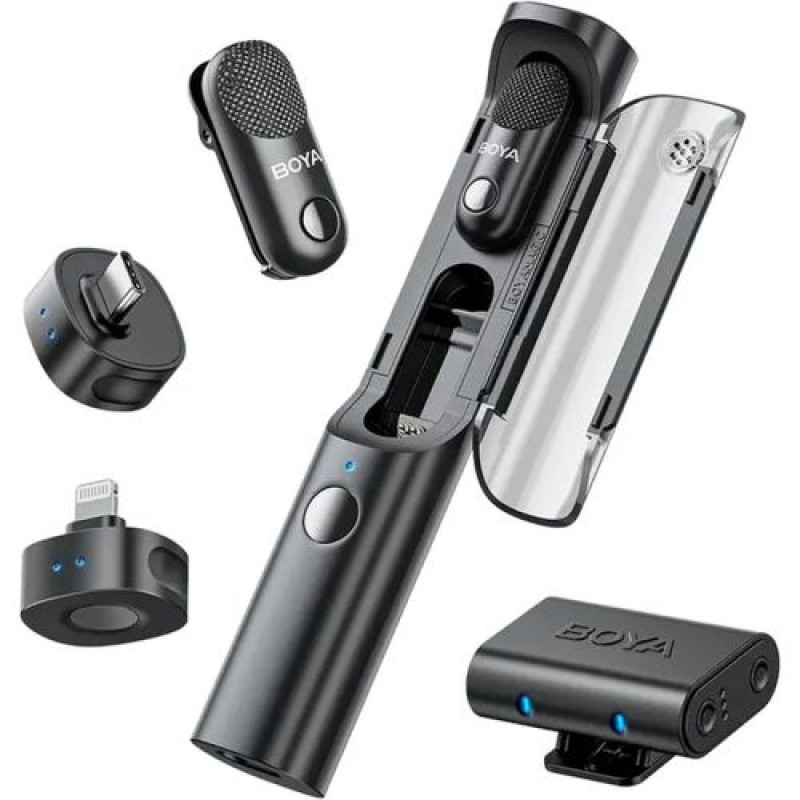 BOYA Microphone Wireless Magic-02 2,4GHz με 2 πομπούς και 3 δέκτες (Type-C, Lightning και 3,5mm Θηλυκό) Black EU