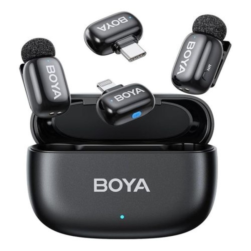 BOYA Microphone Wireless Mini 2-01 2,4GHz, με 2 πομπούς και 2 δέκτες (Type-C και Lightning) Black EU