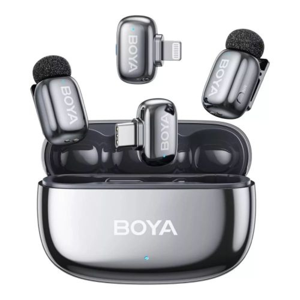 BOYA Microphone Wireless Mini 2-01 2,4GHz, AI Powered Noise Cancellation με 2 πομπούς και 2 δέκτες (Type-C και Lightning) Space Grey EU