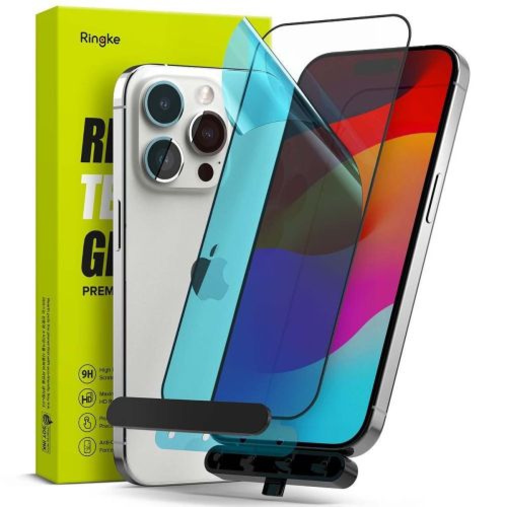 Ringke iPhone 15 Pro Screen Protector Premium Tempered Glass 9H με διάφανη διάταξη εγκατάστασης