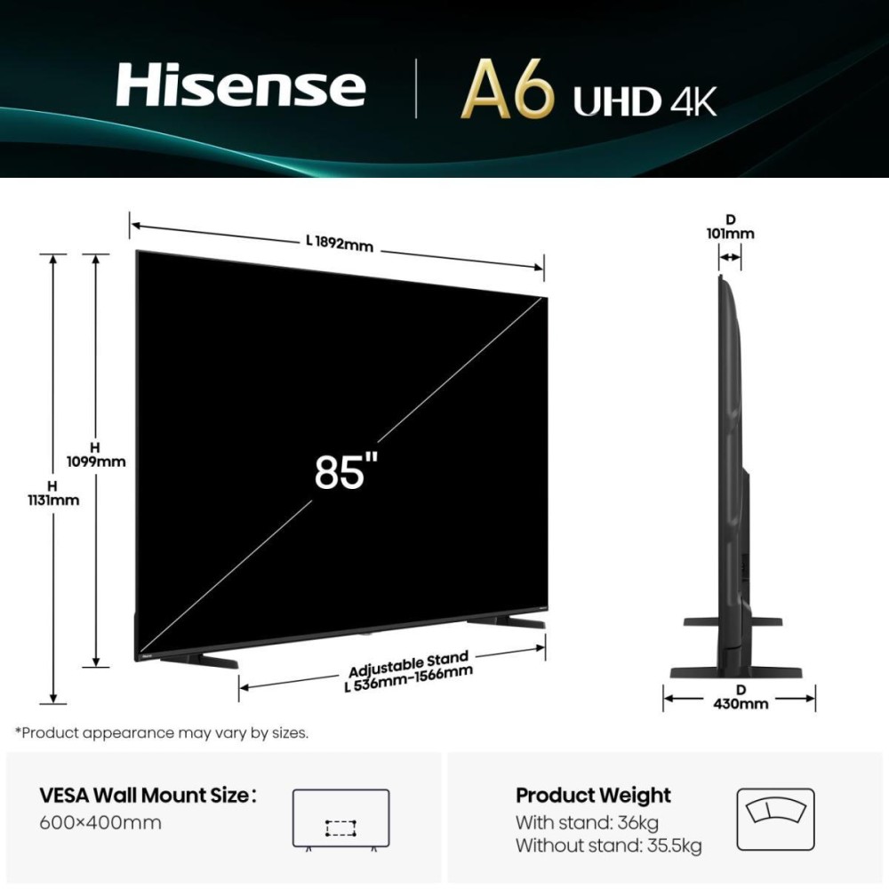 TV Set|HISENSE|85 "|4K Ultra HD|3840 x 2160 pixels|Flat|16:9|LED|85A6Q