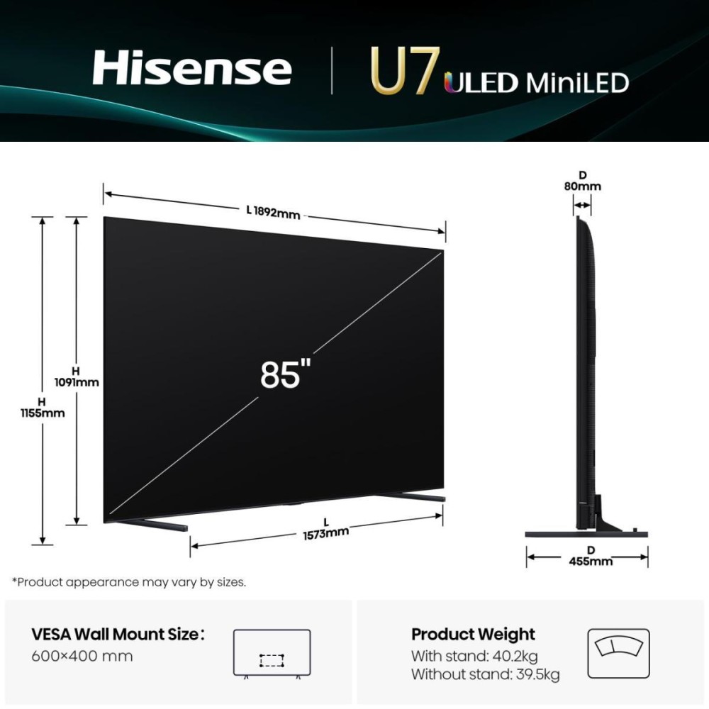 TV Set|HISENSE|85 "|4K Ultra HD|3840 x 2160 pixels|Flat|16:9|ULED|85U7Q