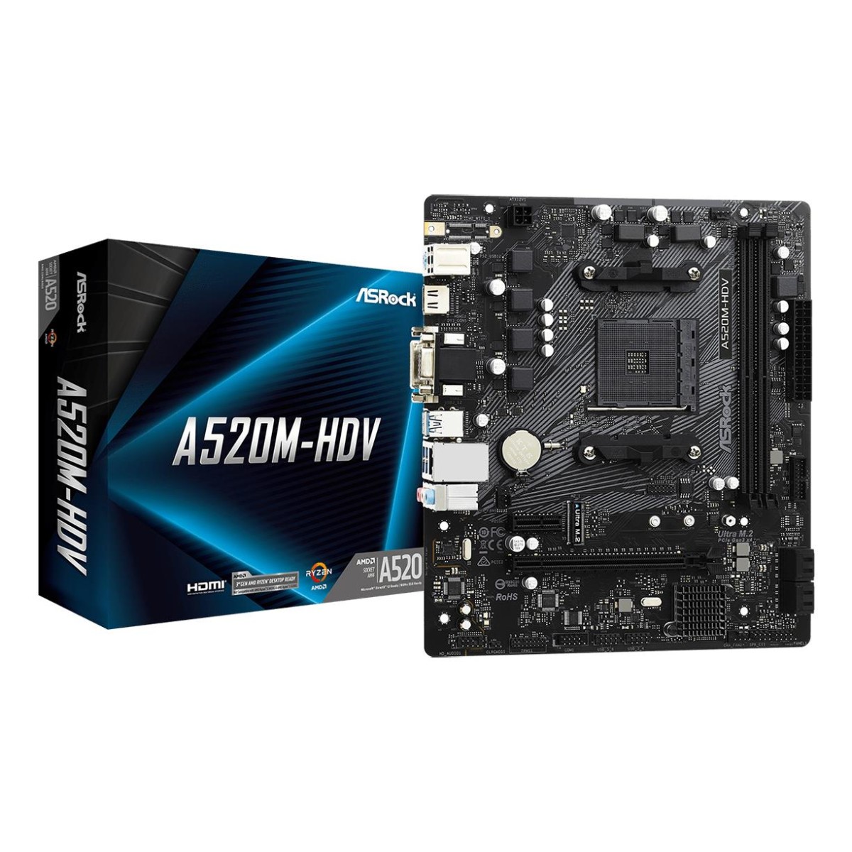 Mainboard|ASROCK|AMD A520|SAM4|Micro-ATX|Memory DDR4|Memory slots 2|1xPCI-Express 3.0 1x|1xPCI-Express 3.0 16x|1xM.2|1x15pin D-sub|1xDVI-D|1xHDMI|2xAudio-In|1xAudio-Out|2xUSB 2.0|4xUSB 3.2|1xPS/2|1xRJ45|A520M-HDV