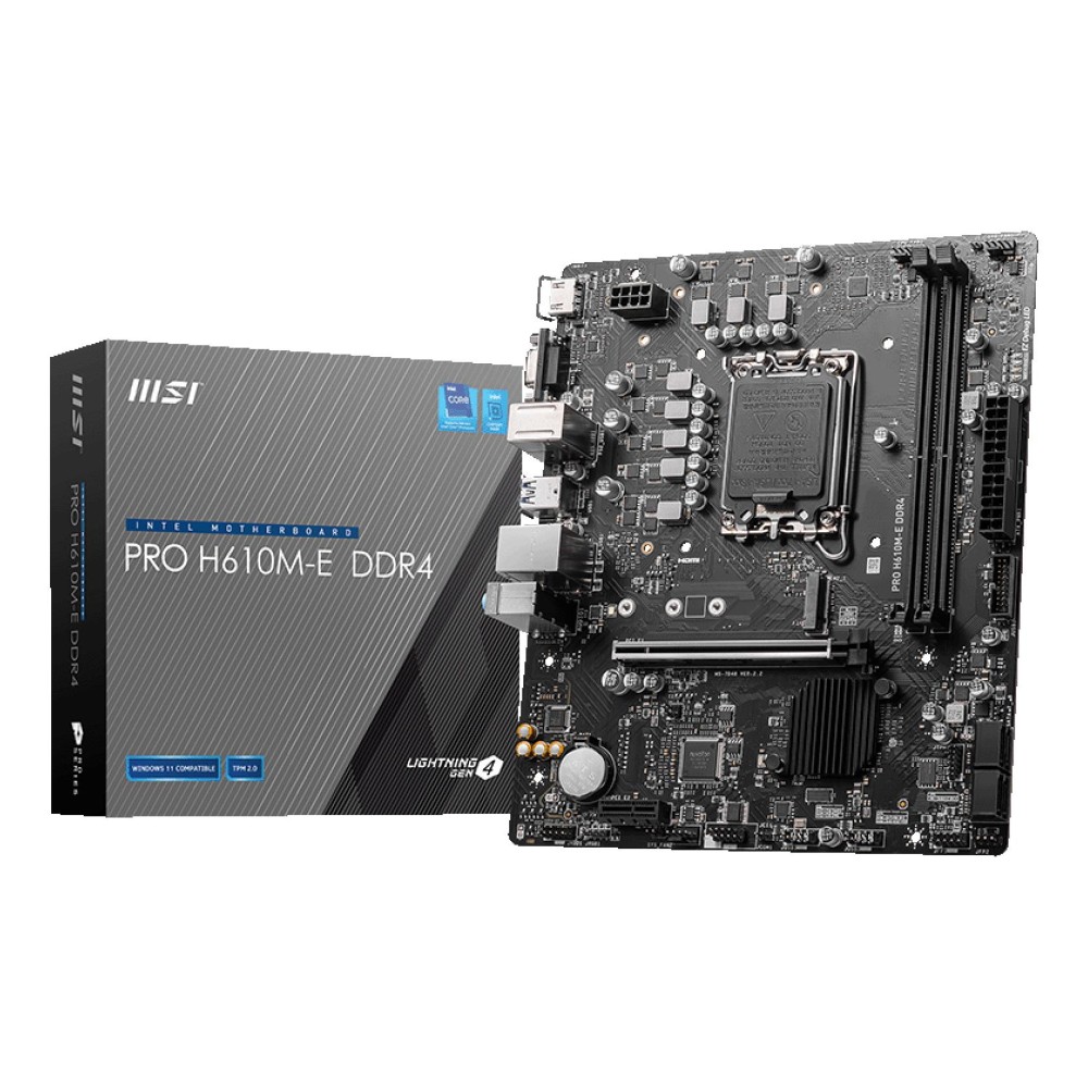 Mainboard|MSI|Intel H610|LGA1700|MicroATX|Memory DDR4|Memory slots 2|1xPCI-Express 1x|1xPCI-Express 16x|1xM.2|1x15pin D-sub|1xHDMI|4xUSB 2.0|2xUSB 3.2|1xPS/2|1xRJ45|3xAudio port|PROH610M-EDDR4
