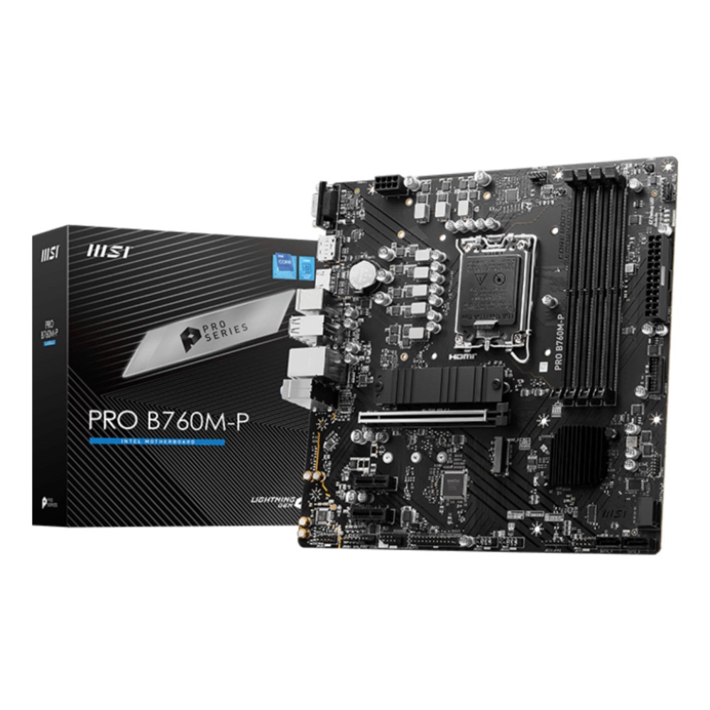 Mainboard|MSI|Intel B760 Express|LGA1700|Micro-ATX|Memory DDR5|Memory slots 4|2xPCI-Express 1x|1xPCI-Express 16x|2xM.2|1x15pin D-sub|1xHDMI|1xDisplayPort|4xUSB 2.0|1xUSB 3.2|1xUSB-C|2xPS/2|1xRJ45|3xAudio port|PROB760M-P