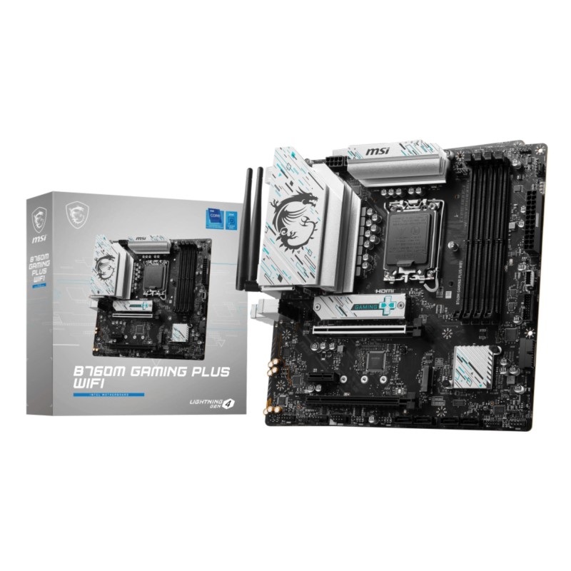 Mainboard|MSI|Intel B760 Express|LGA1700|Micro-ATX|Memory DDR5|Memory slots 4|1xPCI-Express 3.0 1x|1xPCI-Express 4.0 4x	|1xPCI-Express 4.0 16x|2xM.2|2xHDMI|2xDisplayPort|2xUSB 2.0|4xUSB 3.2|1xPS/2|1xRJ45|3xAudio port|B760MGAMINGPLUSWIFI