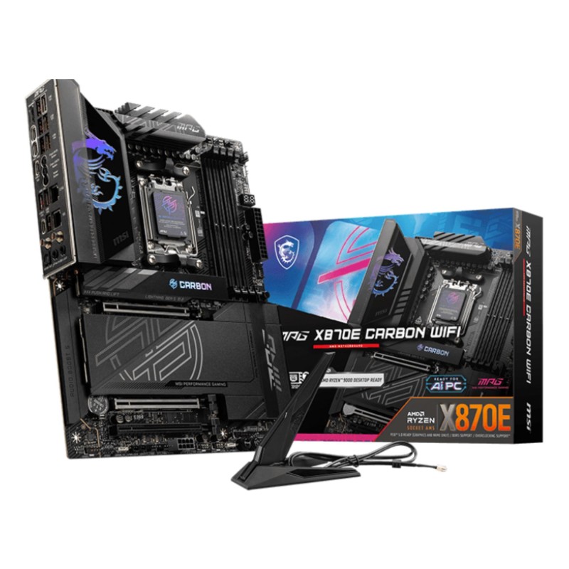 Mainboard|MSI|AMD X870E|SAM5|ATX|Memory DDR5|Memory slots 4|3xPCI-Express 16x|1xPCI-Express 4.0 4x	|1xPCI-Express 5.0 4x|1xPCI-Express 5.0 16x|4xM.2|4xUSB 2.0|4xUSB 3.2|3xUSB-C|1xOptical S/PDIF|2xRJ45|2xAudio port|MPGX870ECARBONWIFI