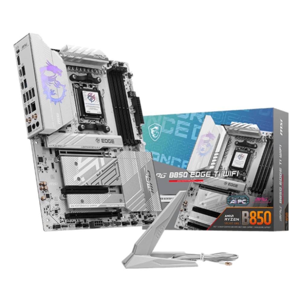 Mainboard|MSI|AMD B850|SAM5|ATX|Memory DDR5|Memory slots 4|3xPCI-Express 16x|4xM.2|1xHDMI|1xAudio-In|1xAudio-Out|4xUSB 2.0|1xUSB 3.0|2xUSB 3.2|3xUSB-C|1xOptical S/PDIF|1xRJ45|MPGB850EDGETIWIFI